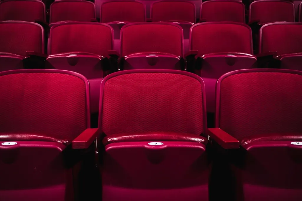 Rows of cinema seats facing a softly lit screen